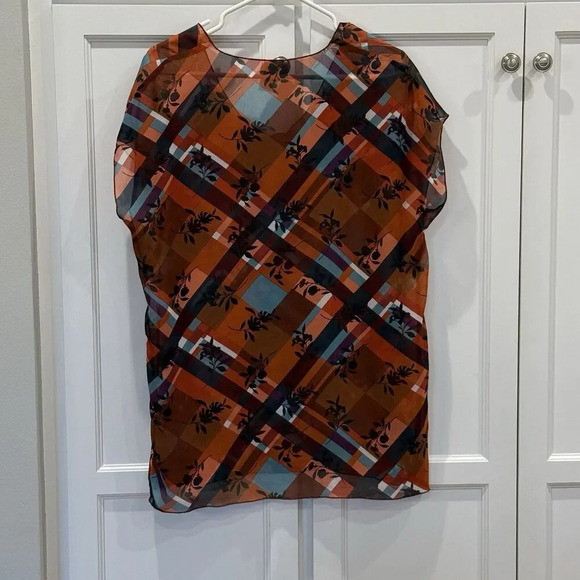 Cabi  Lattice Rust/Blue Floral Blouse Shirt Women's Sz XS Sheer Flowy FALL - Picture 2 of 4